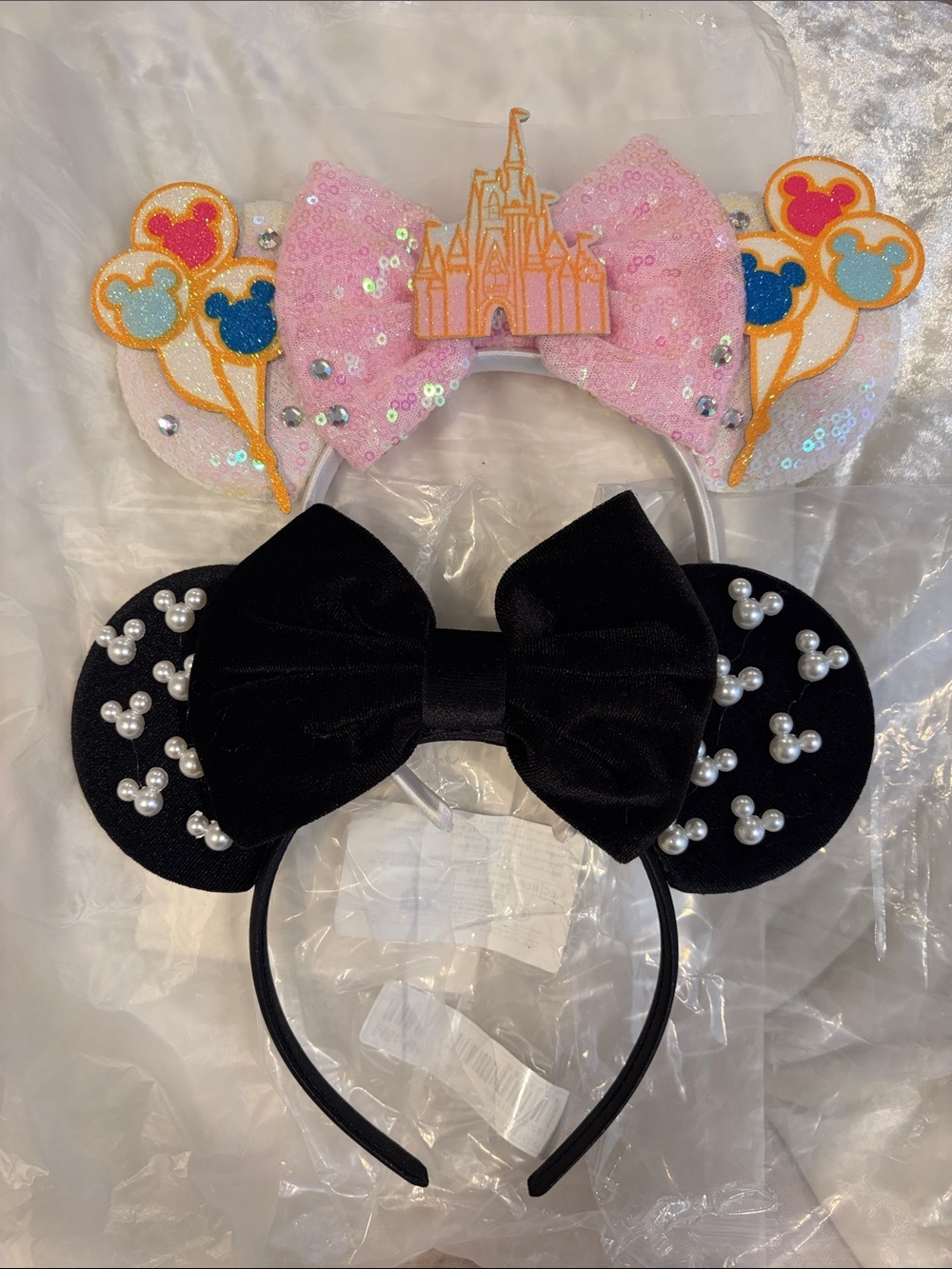 Disney ears Set of 2::Pink Castle Sequin  balloons & Black Pearl Bow Headbands
